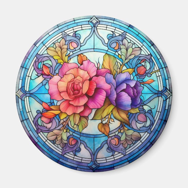 Aimant Rose Floral Faux Vitrail Rose et Violet (Devant)