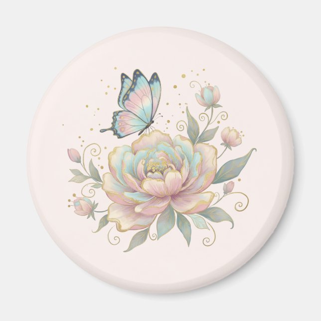 Aimant Rose Magique et Papillon Couleurs Pastel (Devant)