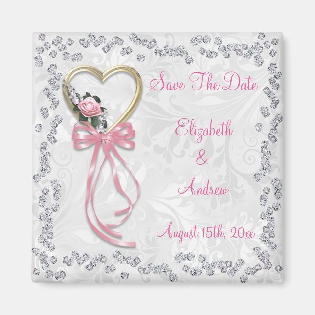 Aimant Rose Romantique, Diamants & Ruban Enregistrez La D (Devant)