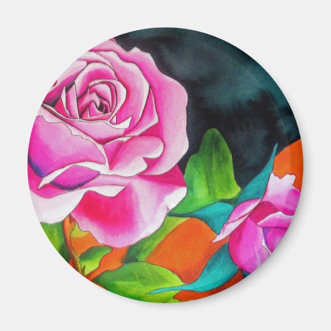 Aimant Rose rose avec aquarelle orange (Devant)