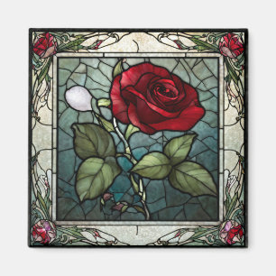 Aimant Rose rouge avec bordure de vigne 2 Aspect vitrail