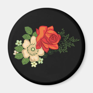Aimant Rose rouge et marguerites sur fond noir