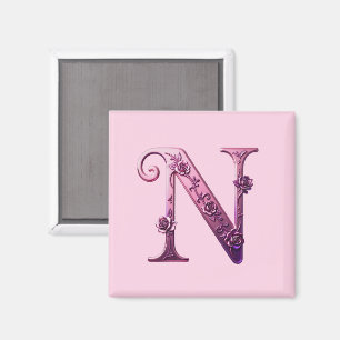 Aimant Rosemaling Métallisé Moderne Lettre N, Rose/Violet