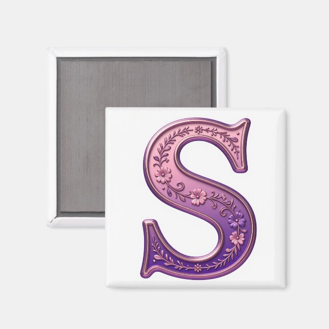 Aimant Rosemaling métallisé moderne Lettre S, rose/violet (Recto/Verso)