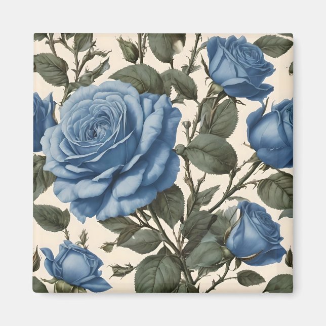 Aimant Roses Bleus Et Feuilles Verts, (Devant)