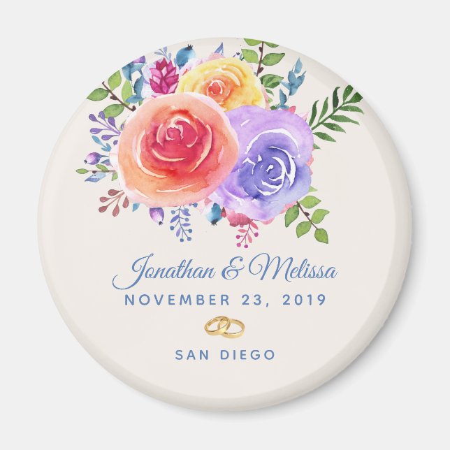 Aimant Roses Colorées Fleurs Aquarelle Save the Date (Devant)