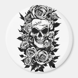 Aimant Roses du crâne humain Goth Dessin original à l'enc