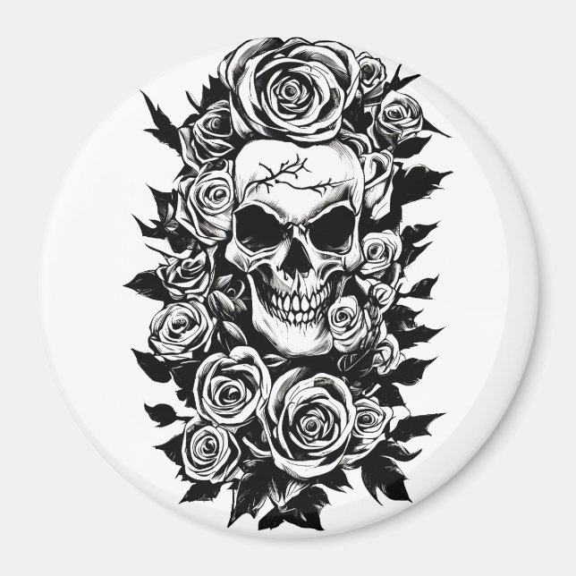 Aimant Roses du crâne humain Goth Dessin original à l'enc (Devant)