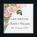 Aimant Roses roses et fougères roses mariage Enregistrer<br><div class="desc">Ce joli savon à dater dispose d'un joli design floral avec un bouquet de roses roses dans le coin gauche, contrasté par des pétales roses verts et des feuilles et de grands feuilles de fougères. Les détails peuvent être facilement customisés au besoin. Cette sauvegarde rose fait partie d'une suite mariage...</div>