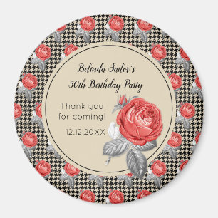 Aimant Roses roses et pied-de-poule Joyeux Anniversaire