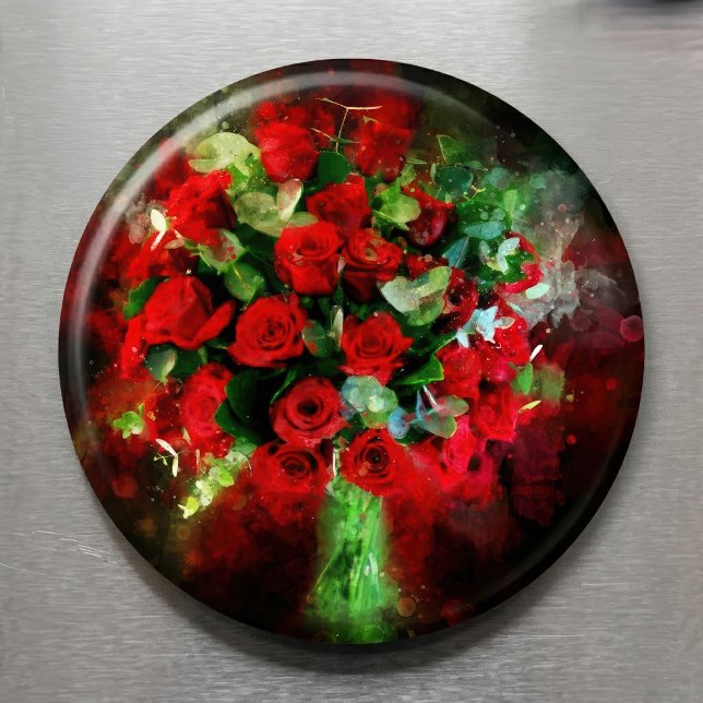 Aimant Roses rouges Bouquet d'aquarelle de fleur - bb (Red Roses Bouquet Watercolor on Black Background. Magnet)
