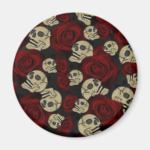 Aimant Roses Rouges & Crânes Floral Gothique Gris Noir