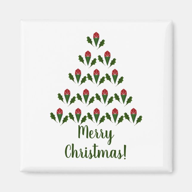 Aimant Roses rouges et arbre de Noël vert Holly Noël (Devant)