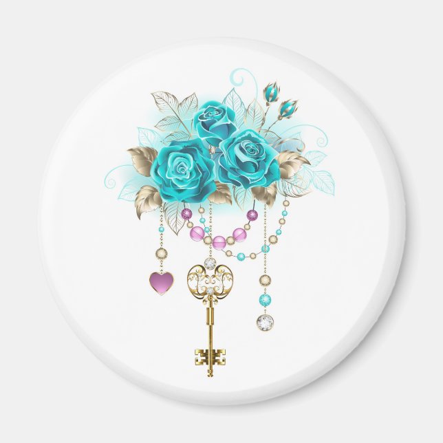 Aimant Roses Turquoise avec Clés (Devant)