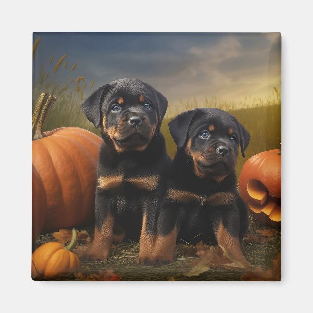 Aimant Rottweiler Chiot Automne Citrouille de plaisir (Devant)