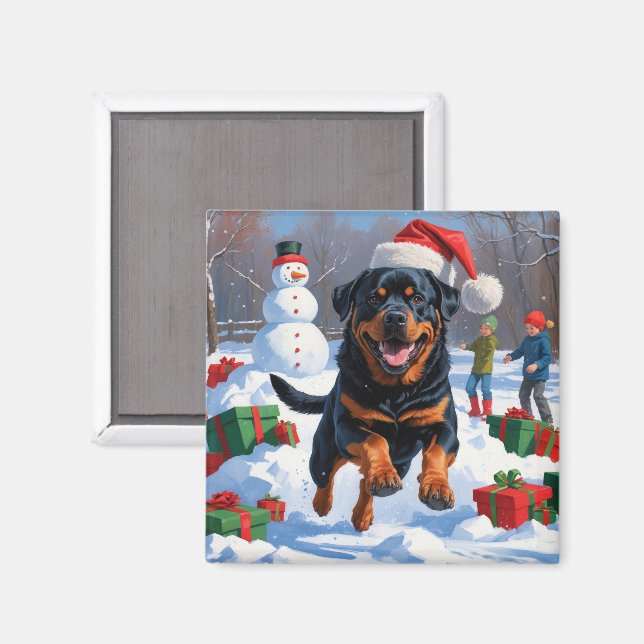 Aimant Rottweiler courant dans la neige avec un chapeau d (Recto/Verso)