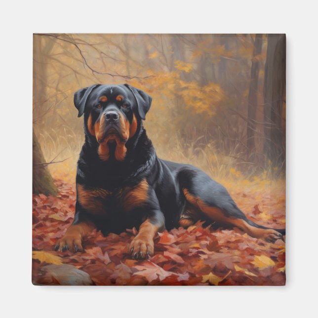 Aimant Rottweiler dans les feuilles d'automne automne aut (Devant)