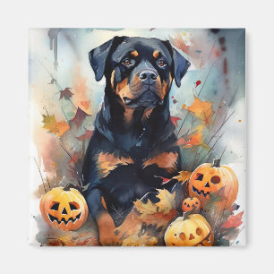 Aimant Rottweiler d'Halloween avec citrouilles effrayant