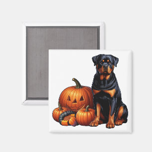 Aimant Rotweiler Chien assis par des Citrouilles d'Hallow