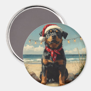 Aimant Rotweiler Chien Noël Plage Vintage