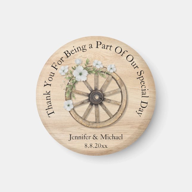 Aimant roue florale en bois rustique merci mariage occide (Devant)