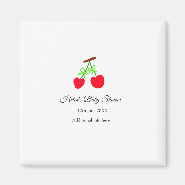 Aimant rouge Cerry green bow ajouter nom date baby shower (Devant)