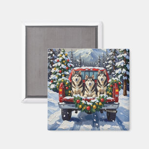 Aimant Rouge de Noël camion de vacances Malamute d'Alaska