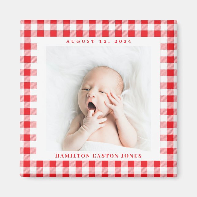 Aimant Rouge et blanc En vichy Vérifier bébé Anniversaire (Devant)