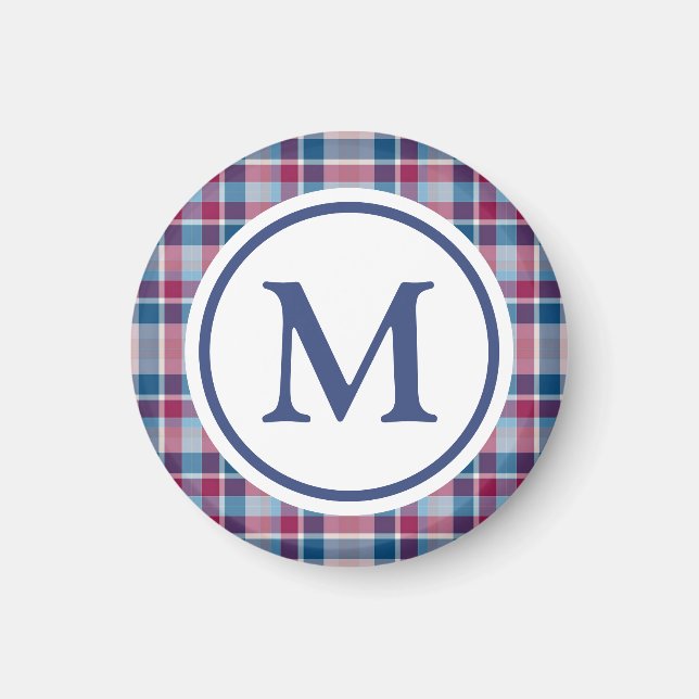 Aimant Rouge et Bleu Plaid Classique Monogramme (Devant)