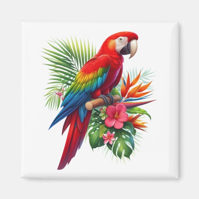 Aimant Rouge macaw tropical floral (Devant)