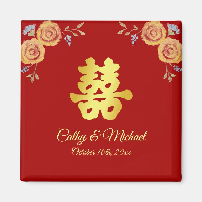 Aimant Rouge orange floral chinois mariage double bonheur (Devant)