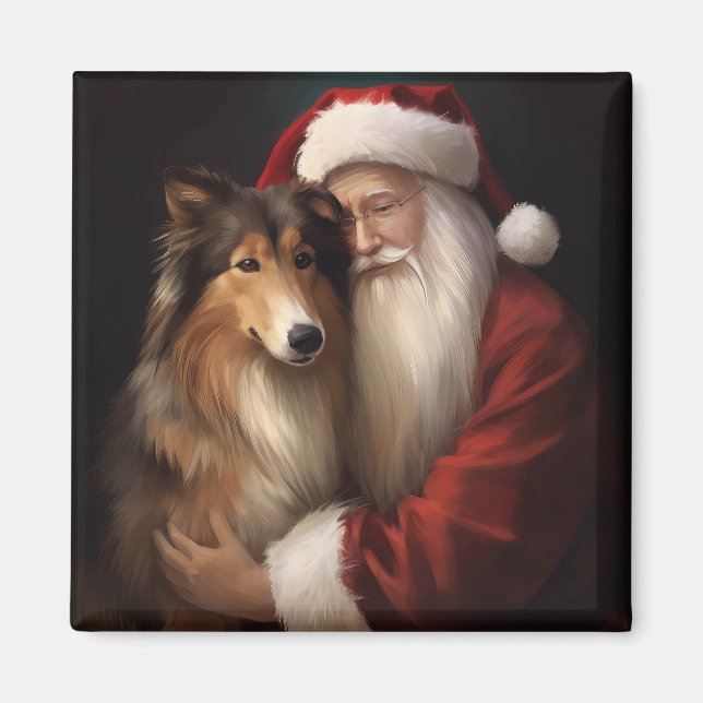 Aimant Rough Collie Avec Noël Festif Du Père Noël (Devant)