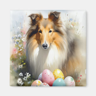 Aimant Rough Collie Chien avec Oeufs de Pâques Fête