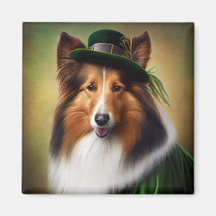 Aimant Rough Collie Chien dans la tenue de la Saint Patri