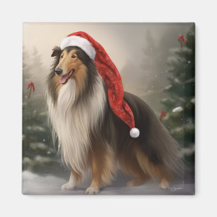Aimant Rough Collie dans la neige de Noël
