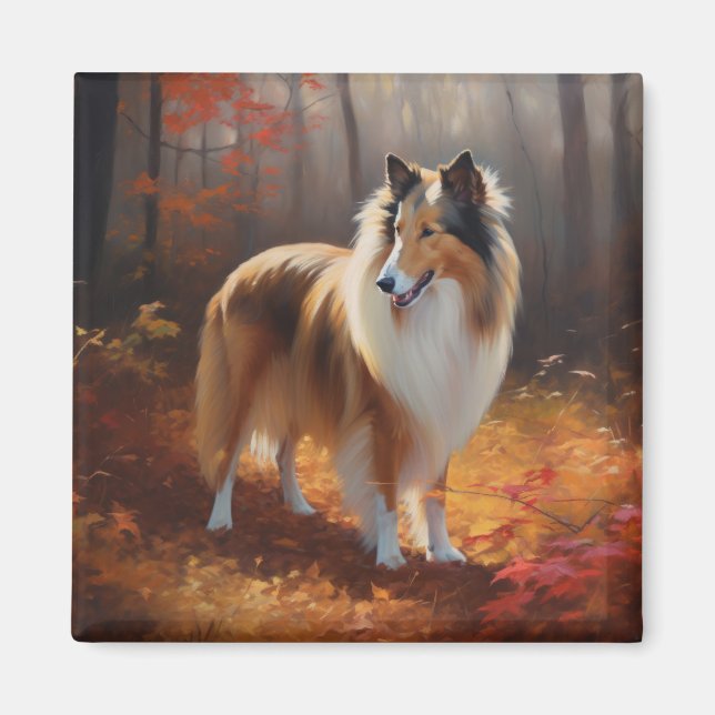 Aimant Rough Collie dans les feuilles d'automne qui tombe (Devant)