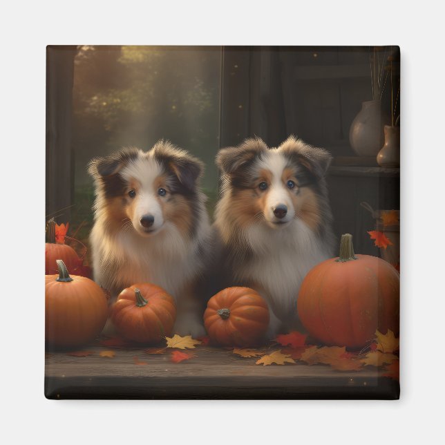Aimant Rough Collie Puppy Automne Citrouille de plaisir (Devant)