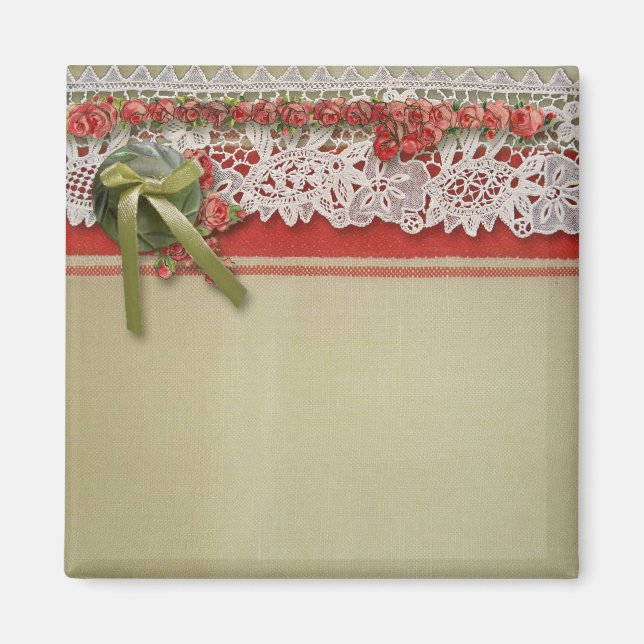 Aimant Rubans Antique Rose Lace Rustique Rouge Victorien  (Devant)