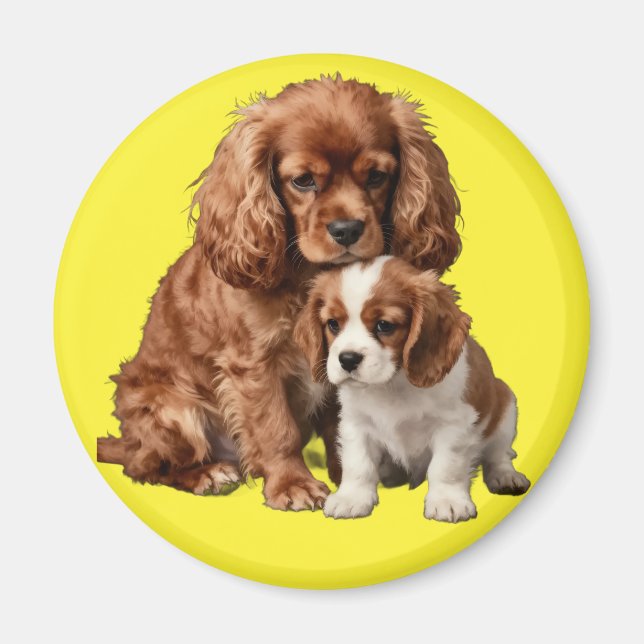 Aimant Ruby Cavalier Spaniel et son chiot Blenheim (Devant)
