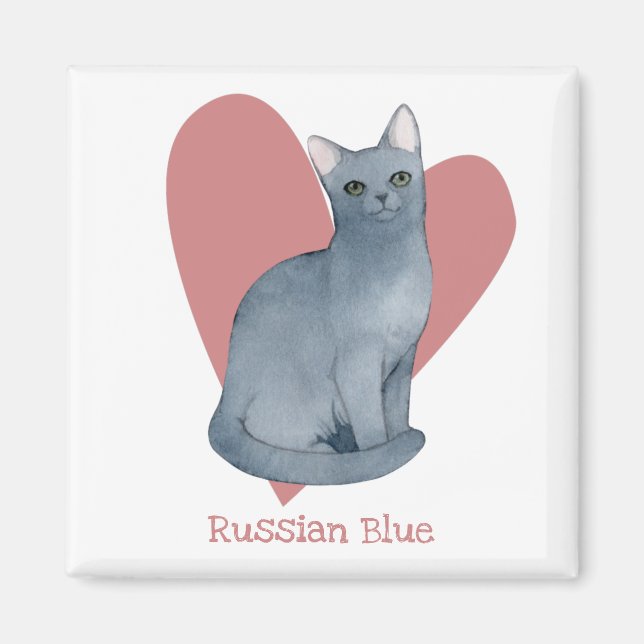 Aimant Russe Bleu Chat Aquarelle Kitty Coeur rose (Devant)