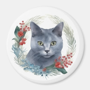 Aimant Russe Blue Chat Noël Wreath Festive Kitten