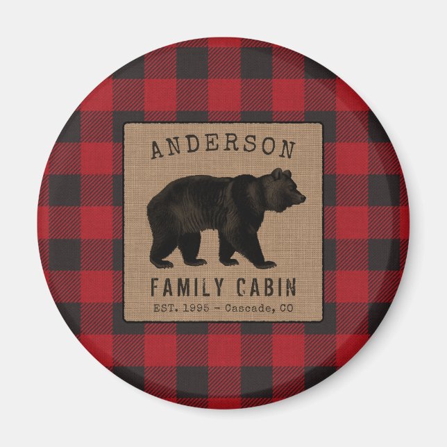 Aimant Rustic Bear Family Cabine Red Buffalo Plaid Burlap (Devant)
