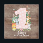 Aimant Safari Jungle Girls premier anniversaire Favoriser<br><div class="desc">De mignons animaux de la jungle safari avec un zèbre, un éléphant, un lion, un singe et une girafe avec un assortiment de feuilles de jungle encadrant un grand rose posé sur un arrière - plan en bois marron. Visitez notre boutique pour voir toute notre collection d'anniversaire de safari dans...</div>