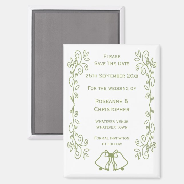 Aimant Sage Bells Scrollwork Wedding Enregistrer La Date (Recto/Verso)