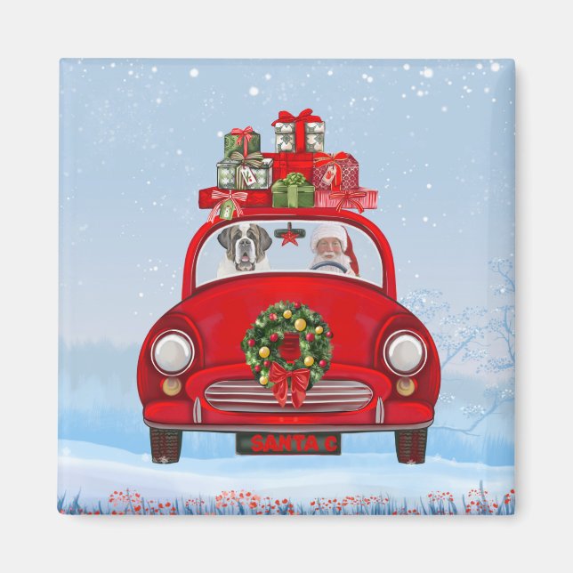 Aimant Saint Bernard Chien En Voiture Avec Le Père Noël (Devant)