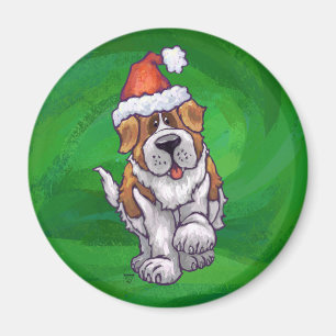 Aimant Saint Bernard mignonne à Santa Chapeau sur Vert