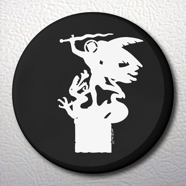 Aimant Saint Michael et Dragon (en blanc) (Saint Michael and Dragon (in White) Magnet on White Fridge)