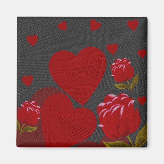 Aimant Saint Valentin, coeur rouge, rose rouge sur gris (Devant)