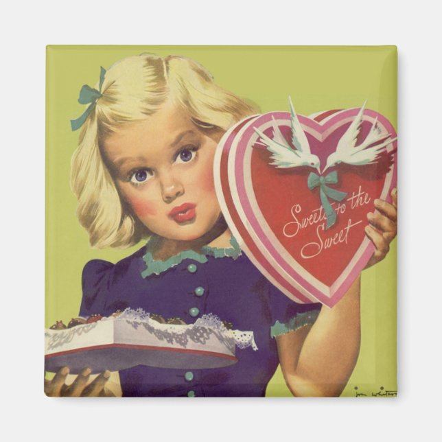 Aimant Saint-Valentin Mignon Vintage, Fille avec Chocolat (Devant)