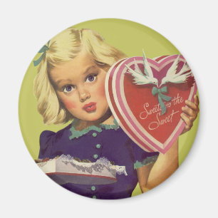 Aimant Saint-Valentin Mignon Vintage, Fille avec Chocolat